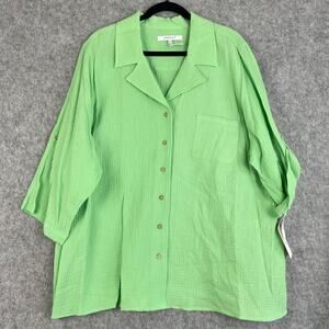 Foxcroft Top Womens 22W Green Button Up Crinkle Gauzy Cotton Coastal Relaxed NEW